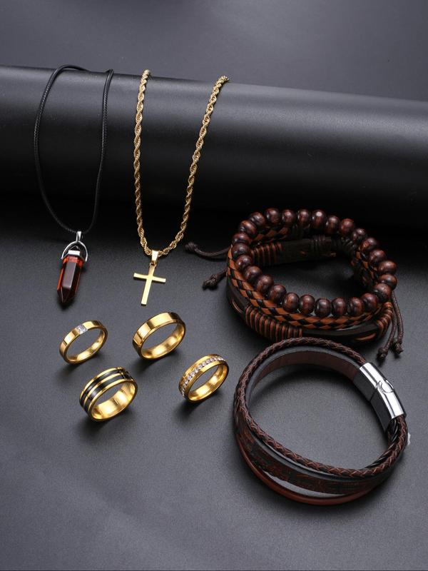 Men's Vintage Cross Pendant Necklace & Bracelet & Ring Set, Rhinestone Decor Jewelry Set, Fashion Accessories for Party, Daily Clothing Decor for Boy