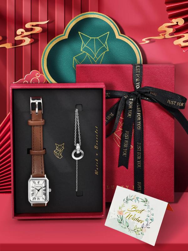 Women's Elegant Fashion Watch & Rhinestone Decor Bracelet Set, Casual Trendy Wristwatch & Bracelet, Exquisite Watch Set As Gift with Box