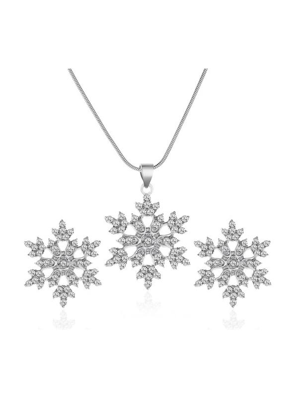 Women's Elegant Rhinestone Decor Christmas Snowflake Design Jewelry Set, Exquisite Trendy Pendant Necklace & Stud Earrings, Chic Jewelry Set for Party & Daily Decor