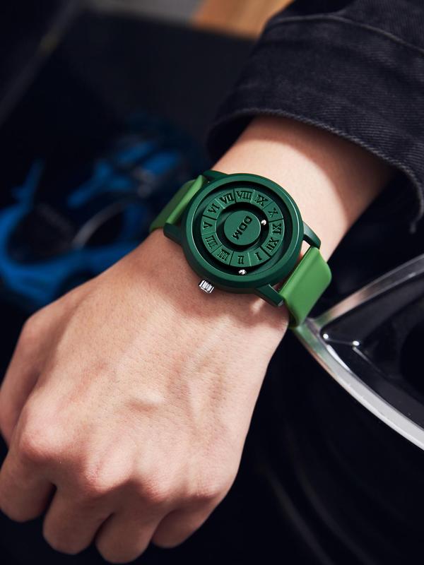 Men's Personality Round Dial Quartz Watch, Watches for Men, Casual Sportive Waterproof Watch, Trendy Watch with Silicone Strap for Daily Use, with Box