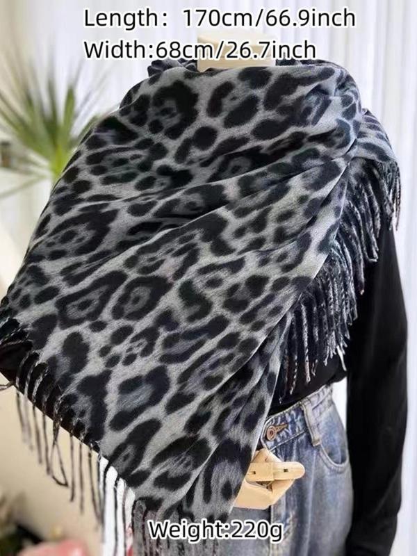 Women's Leopard Print Thickened Scarf, Fashionable Soft Tassel Decor Warm Shawl for Fall & Winter, Casual Versatile Scarf for Women & Girls