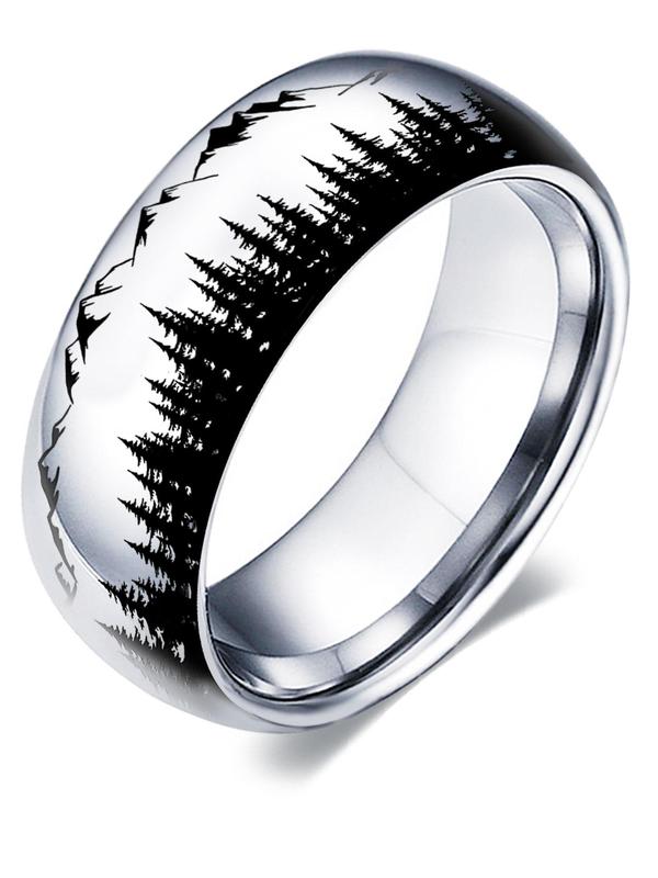 Men's Wolf Print Stainless Steel Ring, Colorblock Landscape Pattern, Black & White Fashion Accessories for Daily Decoration