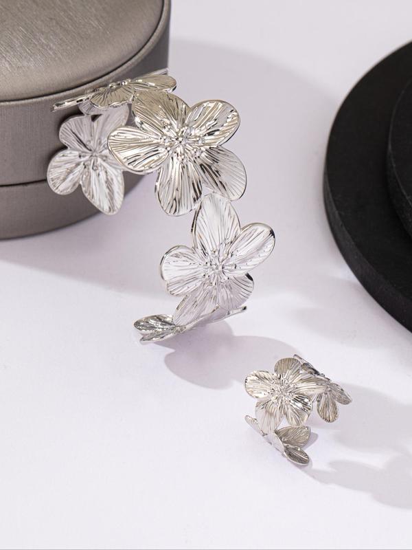 Flower Design Cuff Ring & Cuff Bangle for Women & Girls (2counts), New Fashion Jewelry for Party, Daily Clothing Decor, Exquisite Jewelry for Birthday Gift
