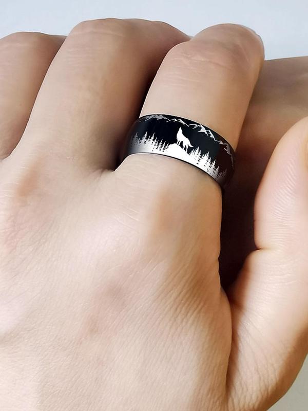 Men's Wolf Print Stainless Steel Ring, Colorblock Landscape Pattern, Black & White Fashion Accessories for Daily Decoration