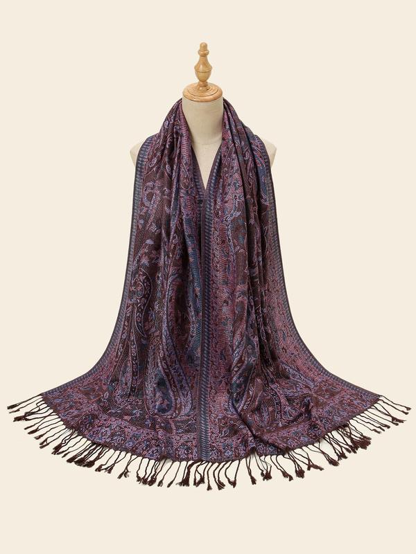 Women's New Fashion Temperament Paisley Print Fringe Trim Scarf, Boho Style Long Shawl for Daily Wear, Fashion Accessories for Women & Girls