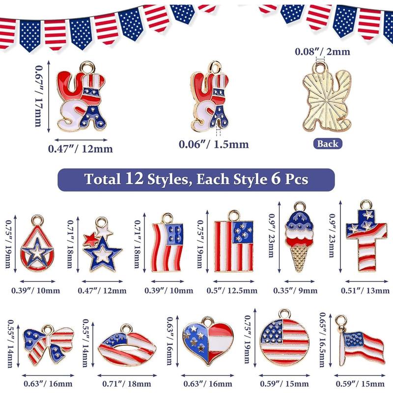 72PCS American Flag Charms, 12 Styles Patriotic Memorial Day Enamel Charms for Necklace Bracelets Earring Making, USA Flag Star & Heart Charm Ornament, Red White Blue Charm for DIY Jewelry