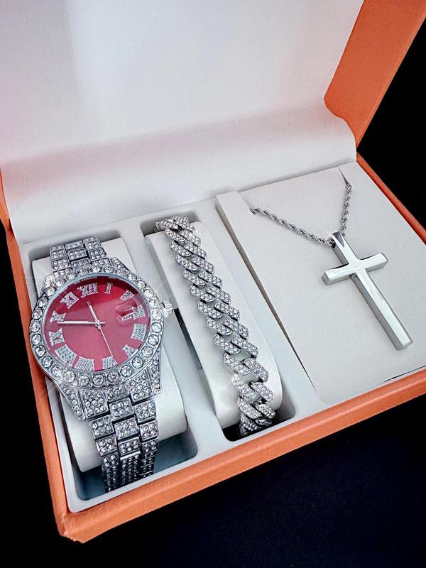 Men's Elegant Rhinestone Decorated Watch & Bracelet & Cross Pendant Necklace, Fashion Watch Set for Party, Daily Decor, Trendy All-match & Exquisite Watch Set for Birthday Gift with Box