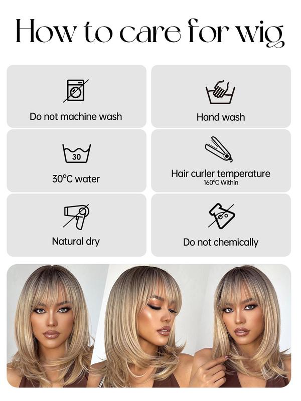 16 Inch Ombre Blonde Shoulder-length Straight Layered Wigs for Women, Gorgeous Fluffy Wigs with  Bangs, Heat Resistant Synthetic Wigs for Party, Daily Use