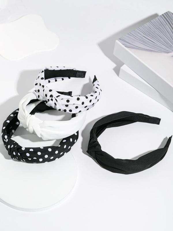 4pcs Polka Dot Print & Solid Color Hair Hoop, Elegant Knot Design Hair Accessories for Women & Girls, Fashion Hair Accessories for Party, Daily Clothing Decor