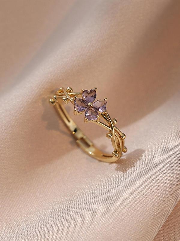 Four Leaf Clover Design Ring, Elegant Rhinestone Decor Adjustable Ring for Women & Girls, Trendy All-match & Exquisite Vintage Jewelry for Birthday Gift