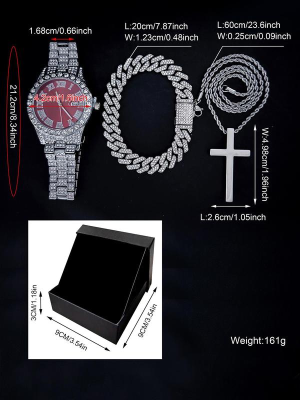 Men's Elegant Rhinestone Decorated Watch & Bracelet & Cross Pendant Necklace, Fashion Watch Set for Party, Daily Decor, Trendy All-match & Exquisite Watch Set for Birthday Gift with Box
