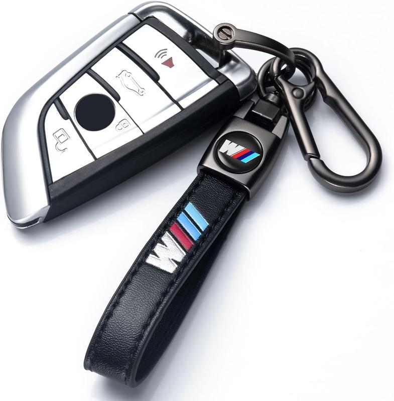 Genuine Leather Car Keychain, Universal Car Key Ring,360 Degree Rotatable D-Ring and Screwdriver(Black)