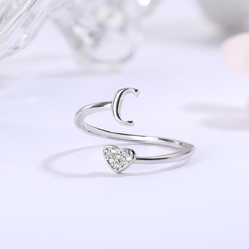Fansilver Heart Initial Rings for Women s Initial Heart Stackable Rings Adjustable Initial Rings for Teen s Cute Heart Alphabet Letter Rings Valentine's Day Jewelry Gifts heartshaped ring shiny ring
