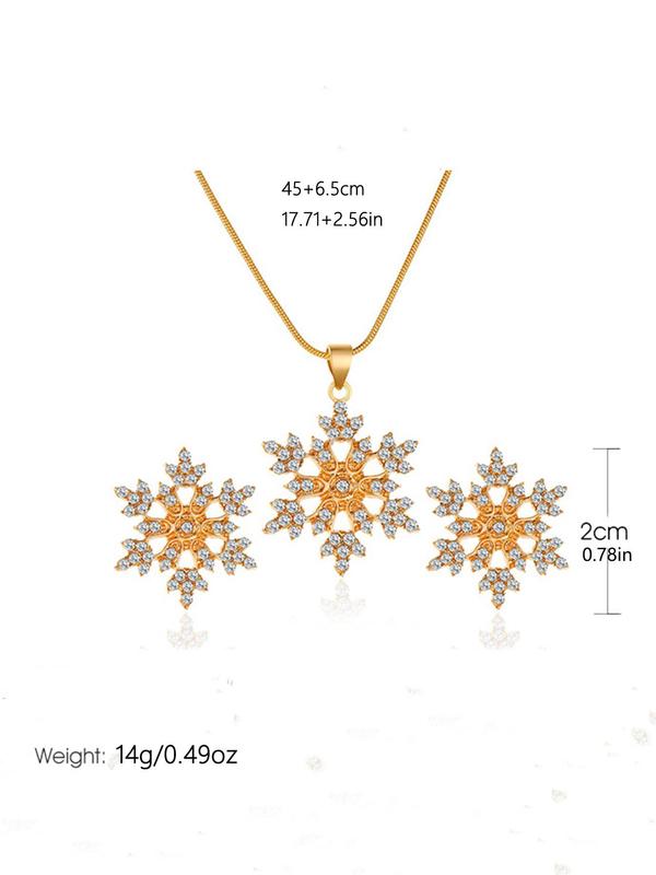 Women's Elegant Rhinestone Decor Christmas Snowflake Design Jewelry Set, Exquisite Trendy Pendant Necklace & Stud Earrings, Chic Jewelry Set for Party & Daily Decor