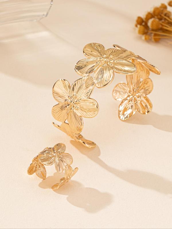 Flower Design Cuff Ring & Cuff Bangle for Women & Girls (2counts), New Fashion Jewelry for Party, Daily Clothing Decor, Exquisite Jewelry for Birthday Gift