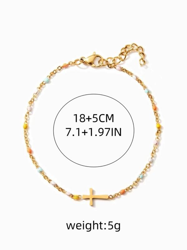 Cross Charm Decor Beaded Bracelet, Stainless Steel Jewelry for Women for Party, Daily Clothing Decor, Trendy All-match & Exquisite Jewelry for Birthday Gift