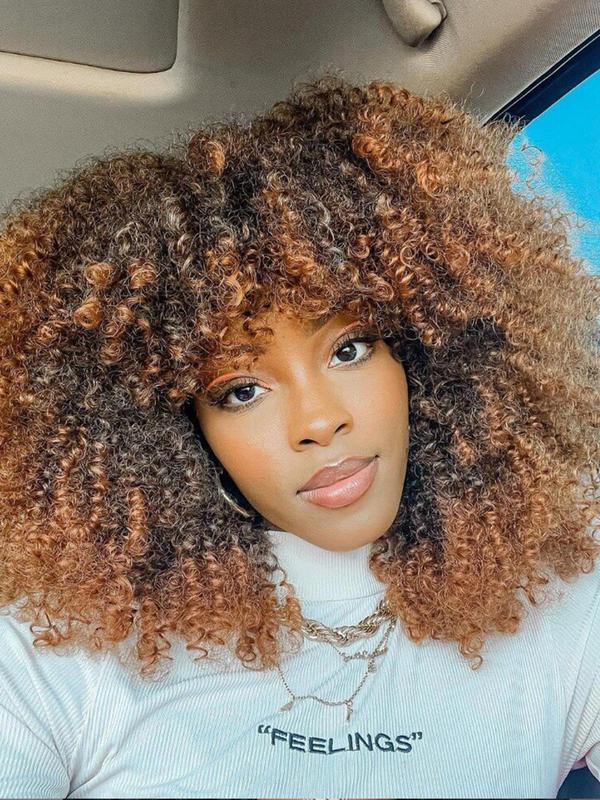 16 Inch Short Afro Kinky Curly Coily Hair Wigs for Women, Fluffy Glueless Wigs with Bangs, Summer Glueless Synthetic Full Machine Wigs Back To School, Fall Outfits, Fall Freshness