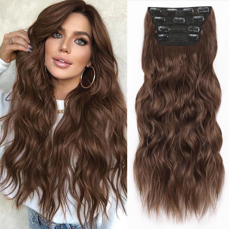 Clip in Hair Extensions for Women,Light Brown Long Wavy Hair Extensions Clip Ins 4PCS 20 Inch Synthetic Soft and Natural Thick Hair Pieces for Women