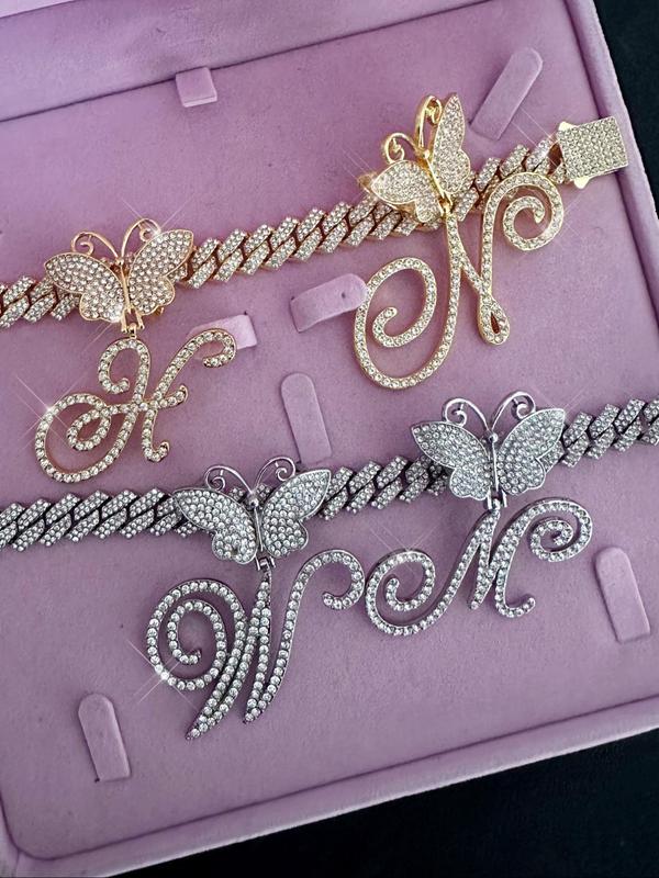 Fashionable Rhinestone Decorated Anklet, Butterfly & Letter Design Cuban Link Chain Anklet, Fashion Foot Jewelry for Party, Daily Clothing Decor, Trendy All-match & Exquisite Jewelry for Birthday Gift