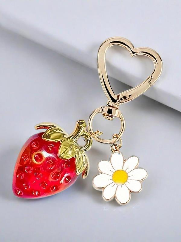 Cute Strawberry & Flower Design Keychain, Fashionable Keychain for Women & Girls, Trendy All-match & Exquisite Keychain for Birthday Gift