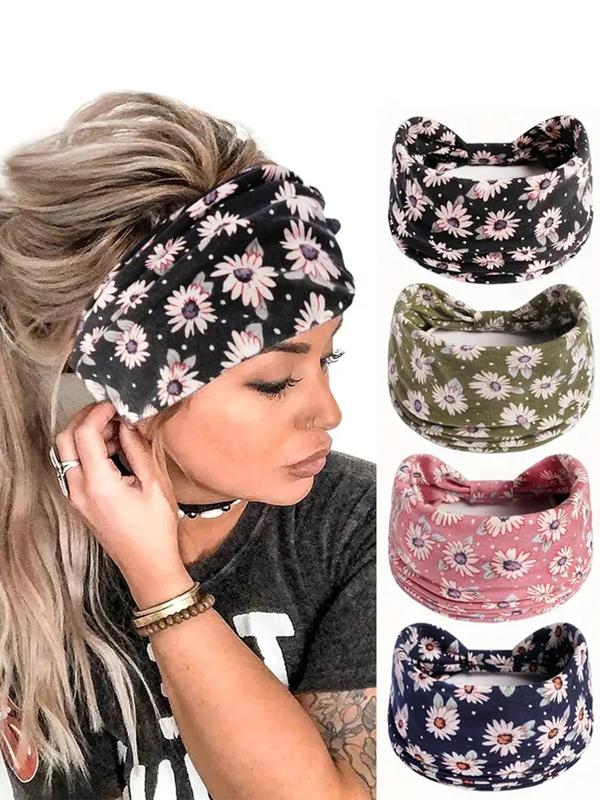 Floral Print Bow Sports Hair Band, Sweat Absorbing Elastic Wide Hair Band, Summer Hairbands, Hair Accessory for Women & Girls