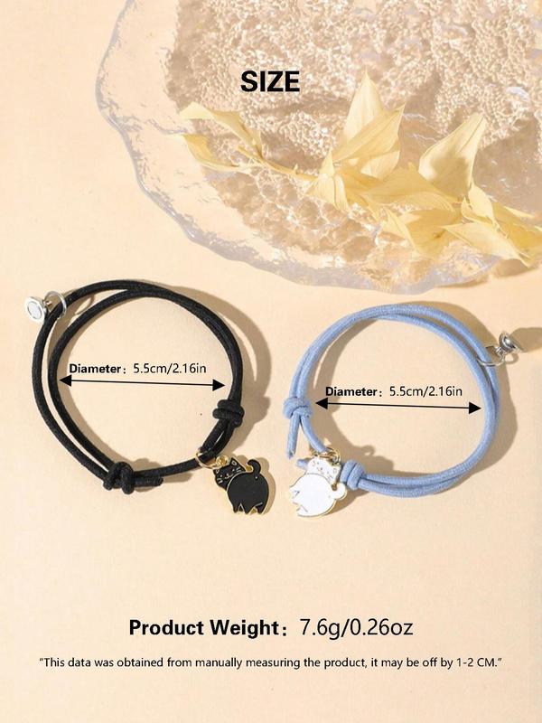 Cute Cartoon Cat Charm Magnetic Knot Rope Bracelet, 2pcs Fashion Matching Bracelet Accessories for Both Men & Women, Chic Gift for Couple & Friends