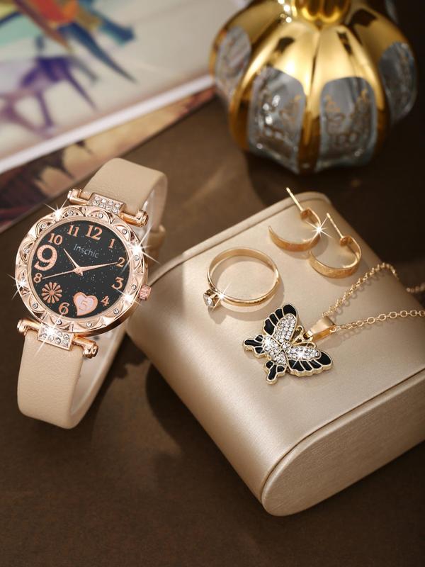 Women's Elegant Rhinestone Decor Quartz Watch & Jewelry Set, Round Dial Watch & Butterfly Pendant Necklace & Stud Earrings & Ring, Fashionable Watch Set As Gift without Box