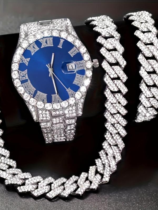 Men's Business Fashion Rhinestone Decor Round Dial Analog Quartz Watch & Cuban Chain Bracelet & Necklace, Watch Set for Party, Daily Decor, Exquisite Watch Set for Gift