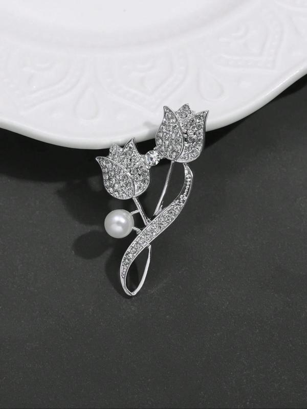 Faux Pearl & Rhinestone Decorated Brooch, Elegant Flower Design Brooch for Women & Men, Fashion Accessories for Party, Daily Clothing Decor