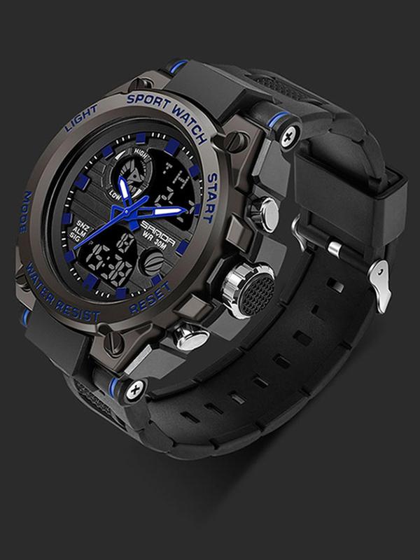 Men's Sportive Digital Analog Quartz Watch, Fashionable Digital Watch with Led Luminous Dial & Alarm Mode, Trendy Waterproof Watch for Daily Life, with Box