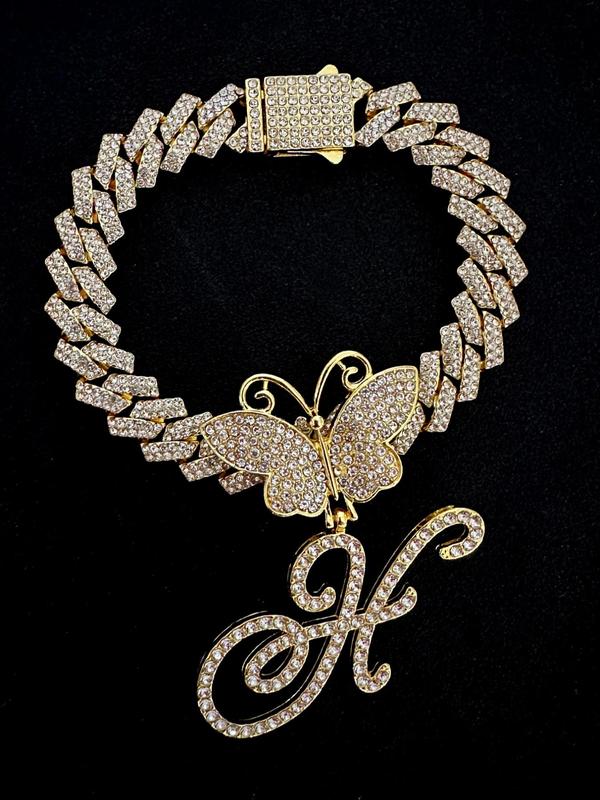 Fashionable Rhinestone Decorated Anklet, Butterfly & Letter Design Cuban Link Chain Anklet, Fashion Foot Jewelry for Party, Daily Clothing Decor, Trendy All-match & Exquisite Jewelry for Birthday Gift