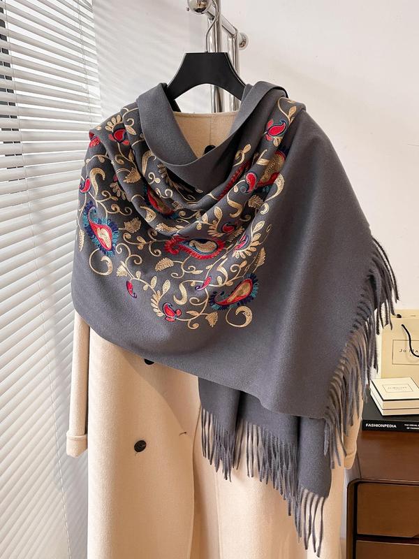 Women's Floral Embroidery Tassel Decor Shawl, 2024 New Style Casual Soft Warm Scarf for Fall & Winter, Fashion Accessories for Women & Girls