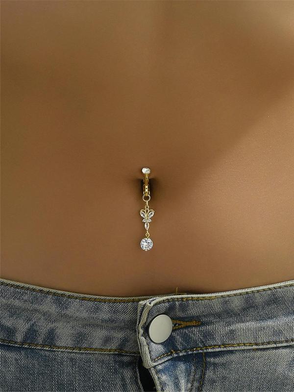 Rhinestone Butterfly Decor Belly Button Ring, Women Belly Piercing Body Jewelry, for Crop Top Decor