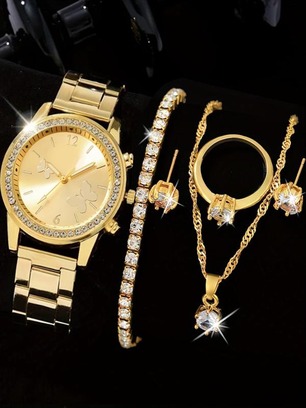Women's Elegant Rhinestone Decorated Watch & Jewelry Set, Including Round Dial Watch & Bracelet & Pendant Necklace & Ring & Stud Earrings, Fashion Watch Set for Party, Daily Decor