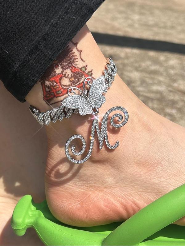 Fashionable Rhinestone Decorated Anklet, Butterfly & Letter Design Cuban Link Chain Anklet, Fashion Foot Jewelry for Party, Daily Clothing Decor, Trendy All-match & Exquisite Jewelry for Birthday Gift