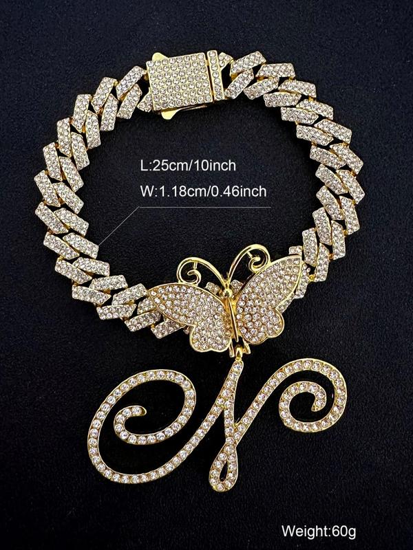 Fashionable Rhinestone Decorated Anklet, Butterfly & Letter Design Cuban Link Chain Anklet, Fashion Foot Jewelry for Party, Daily Clothing Decor, Trendy All-match & Exquisite Jewelry for Birthday Gift