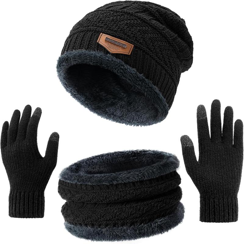Winter Hat Beanie Scarf Touchscreen Gloves Set for Men Women, Skull Cap Gloves  Warmer Set with Fleece Lined