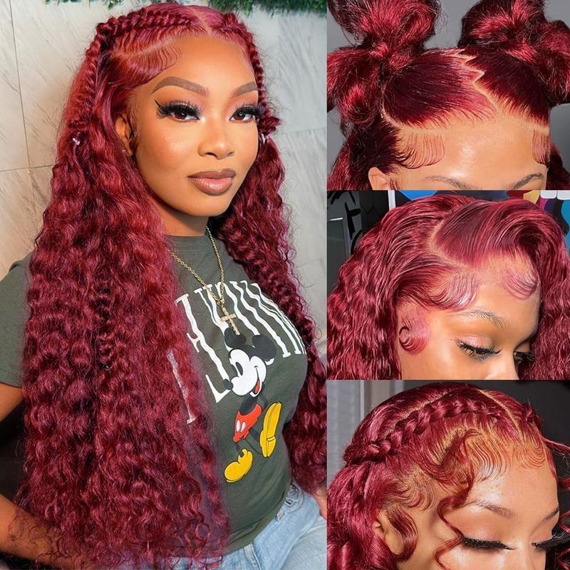 Burgundy Deep Wave Lace Front Wigs Human Hair 13x6 HD Lace Frontal Wigs Human Hair Lace Front Wigs Pre Plucked 99j Burgundy Deep Curly Wigs Human Hair Wigs For Women