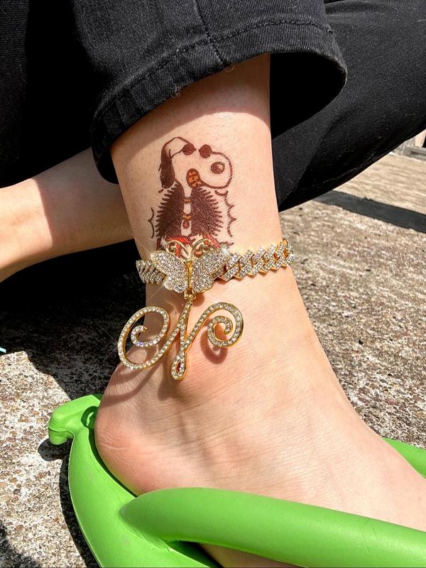 Fashionable Rhinestone Decorated Anklet, Butterfly & Letter Design Cuban Link Chain Anklet, Fashion Foot Jewelry for Party, Daily Clothing Decor, Trendy All-match & Exquisite Jewelry for Birthday Gift