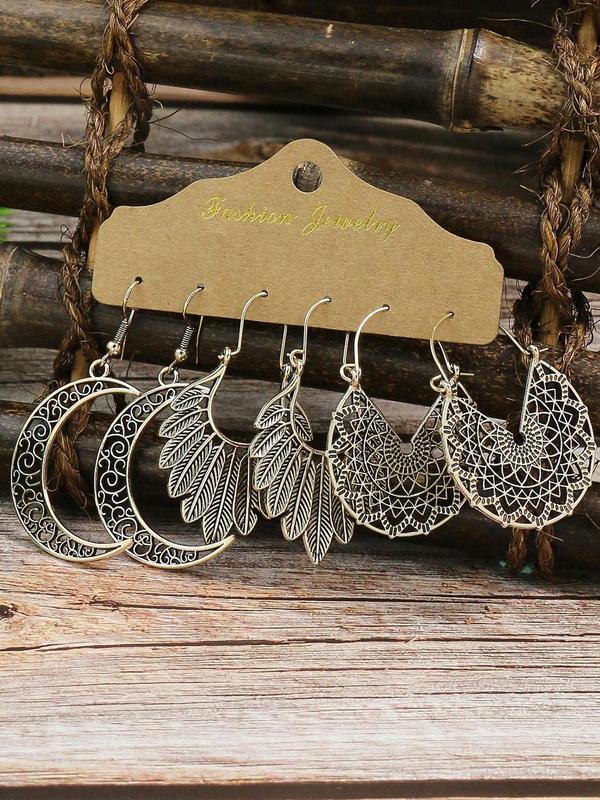 Boho Ethnic Style Hollow out Design Earrings (3 Pairs), Vintage Style Multi-style Antique Geometric Shape Matching Outfits for Party, Daily Clothing Decor
