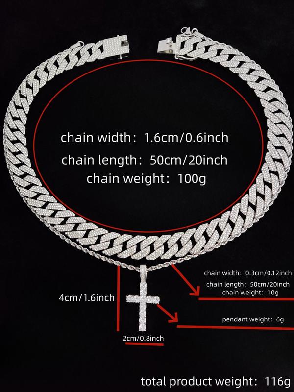 Rhinestone Decor Cross Pendant Necklace, and Chunky Chain Necklace, Street Style Jewelry for Party, Daily Decor, Trendy All-match & Exquisite Jewelry for Birthday Gift