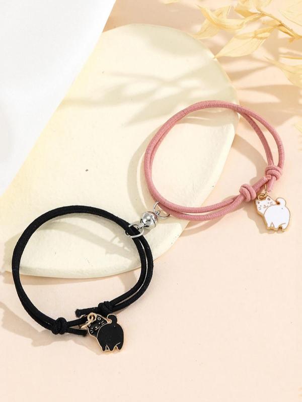 Cute Cartoon Cat Charm Magnetic Knot Rope Bracelet, 2pcs Fashion Matching Bracelet Accessories for Both Men & Women, Chic Gift for Couple & Friends