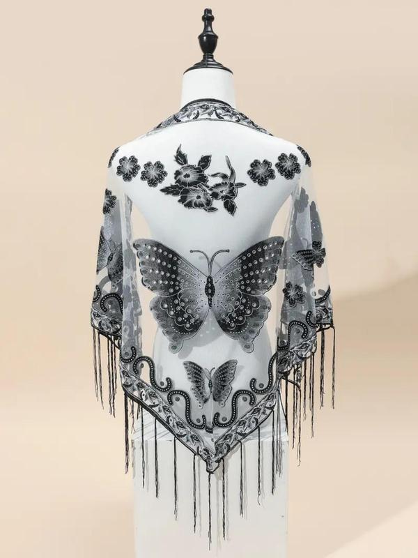 Women's Elegant Butterfly Pattern & Tassel Decor Shawl, Fashionable Breathable Scarf for All Seasons, Casual Versatile Scarf for Women