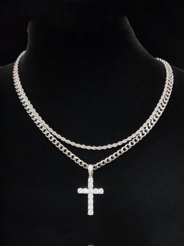 Men's Punk Style Rhinestone Decorated Criss Cross Pendant Necklace & Chain Necklace, Hip Hop Jewelry for Party, Daily Decor, Trendy All-match & Exquisite Jewelry for Birthday Gift