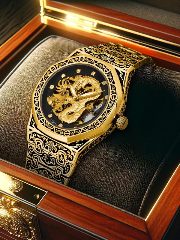 Men's Vintage Dragon Design Mechanical Watch, Fashion Luminous Watch for Party, Daily Clothing Decor, Trendy All-match & Exquisite Watch for Birthday Gift with Box Watches For Men