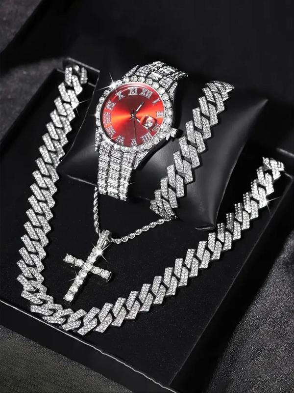 Men's Rhinestone Wristwatch & Cross Necklace & Chain Necklace & Link Bracelet, Fashion Analog  Luxury Watches  for Men Party, Daily Decor, Trendy All-match & Exquisite Watch Set for Gift