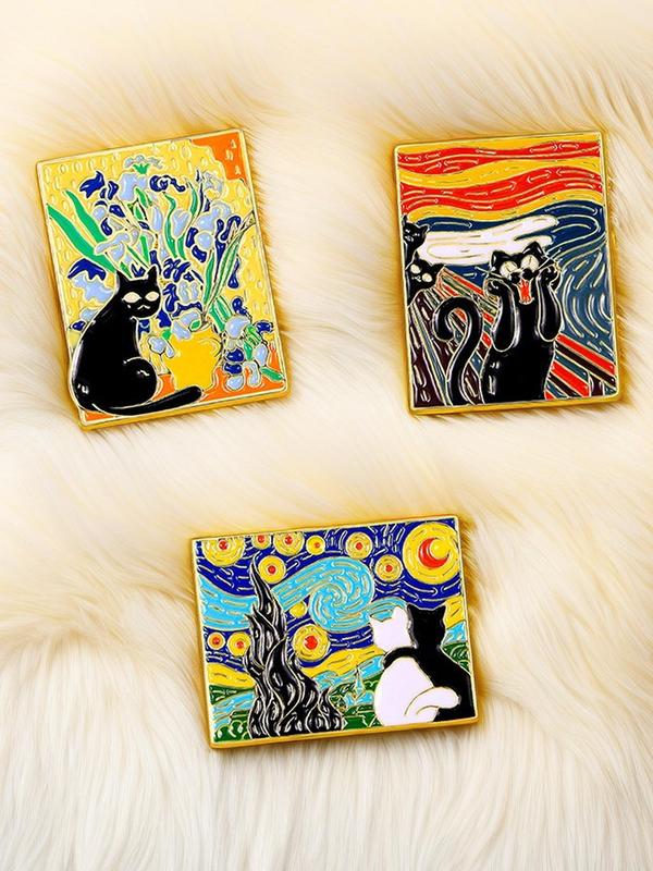 Cartoon Cat & Starry Night Design Brooch, Cute Lovely Clothes Brooch, Fashion Accessories for Women & Men