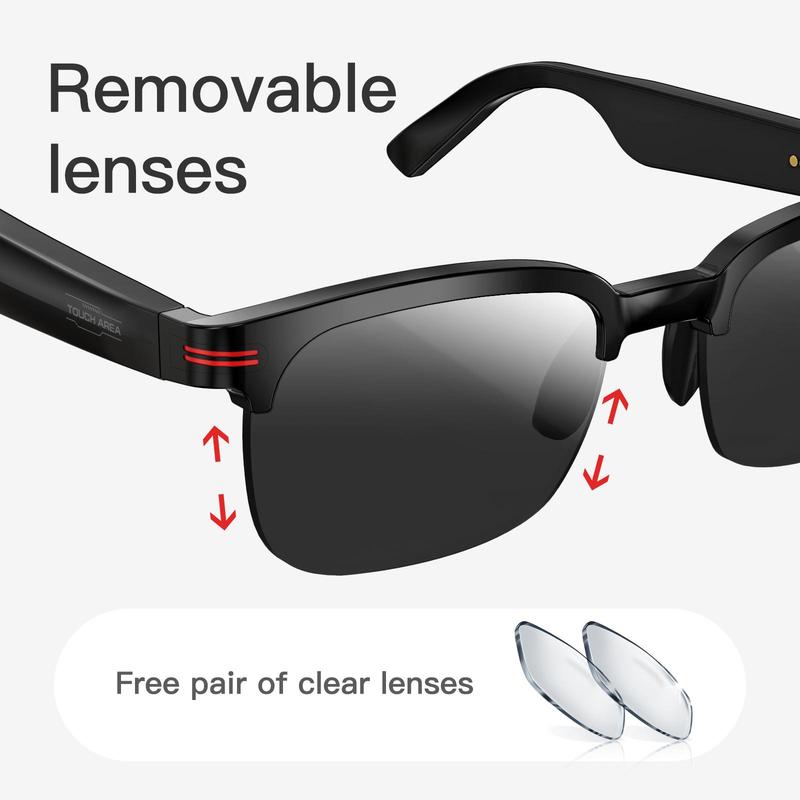SENBONO Smart Glasses, Wireless Call Music Playback Half Frame Sunglasses with Blue Light UV Protective, Multifunctional Wireless Smart Glasses Headset