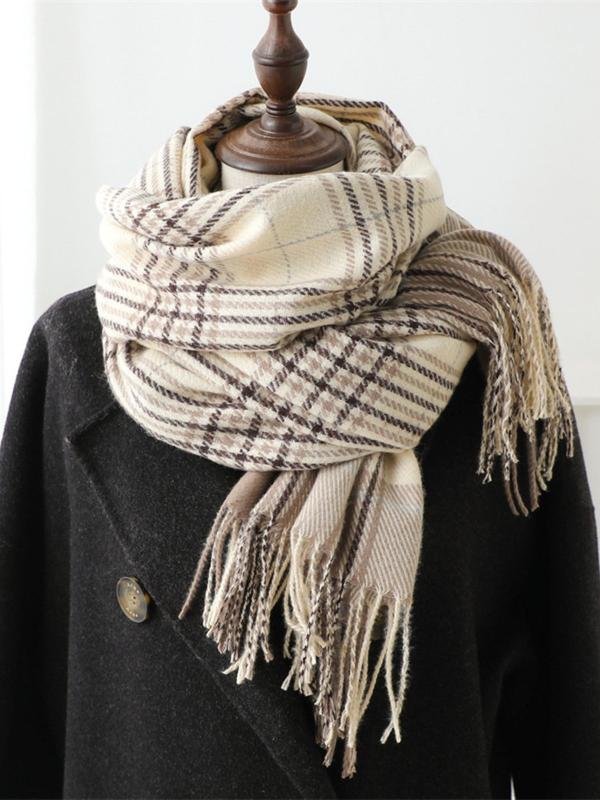 Plaid Pattern Tassel Decor Scarf, Casual Soft Warm Thickened Shawl for Women & Men, Fashion Accessories for Daily Wear