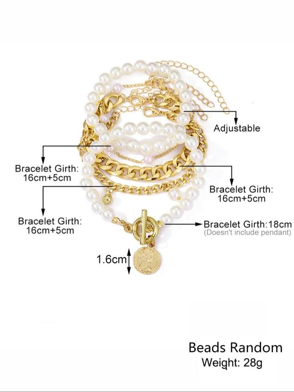 Faux Pearl Decorated Beaded Bracelet & Link Chain Bracelet, 5 Styles Bracelet Set for Women & Girls, Fashion Jewelry for Party, Daily Decor, Trendy All-match & Exquisite Jewelry for Gift